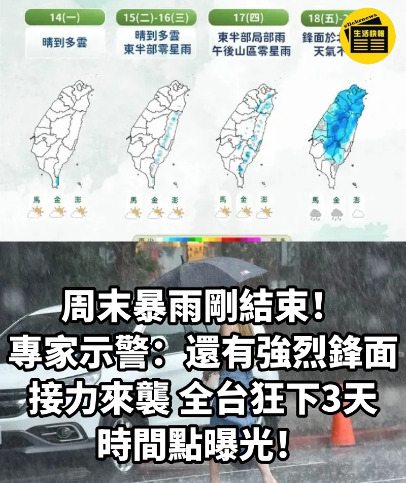周末暴雨剛結束！專家示警「還有強烈鋒面」接力來襲　「全台狂下3天」時間點曝光！